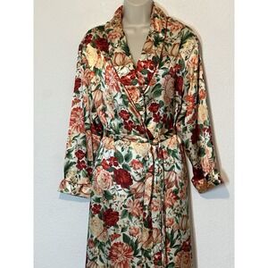 Vtg Eve Stillman Satin Robe Long Floral Butterflies Pockets Shabby Chic Boho S/M